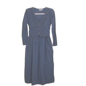 Pado Vtg 80s Womens Dress S Denim Tie Back Vest Long USA Cotton Long Sleeve